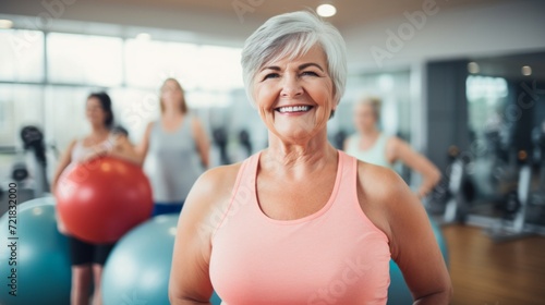 Joyful senior woman with exercise ball in a fitness class at a modern gym.