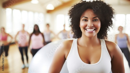 Cheerful African American woman leading a group fitness class in a bright gym.
