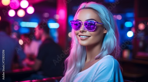 Fashionable young woman enjoying a night out at a vibrant, colorful nightclub.