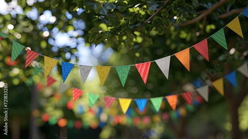 Plain colorful bauting flags on a rope, hung in honor of the holiday in the street. Design, decoration for birthday celebration, party, children's party, joyful event photo
