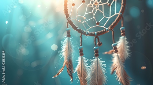 Amulet dream catcher on blur blue background with feathers protection from bad dreams and evil spirits close up. Helps you find peace, attract joy and inspiration