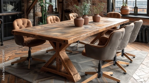 Salle à manger spacieuse : Table en bois, chaises modernes, pots de terre cuite pour une ambiance chaleureuse et végétale photo