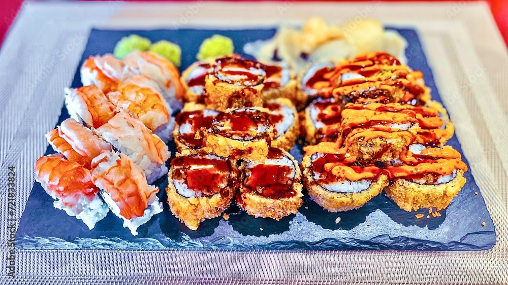 Sushi set on a black plate, close-up, top view