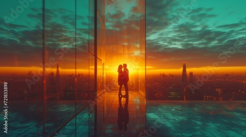 Romance urbaine : Silhouette de deux personnes dans une boîte en verre suspendue, vue imprenable sur la ville au coucher du soleil