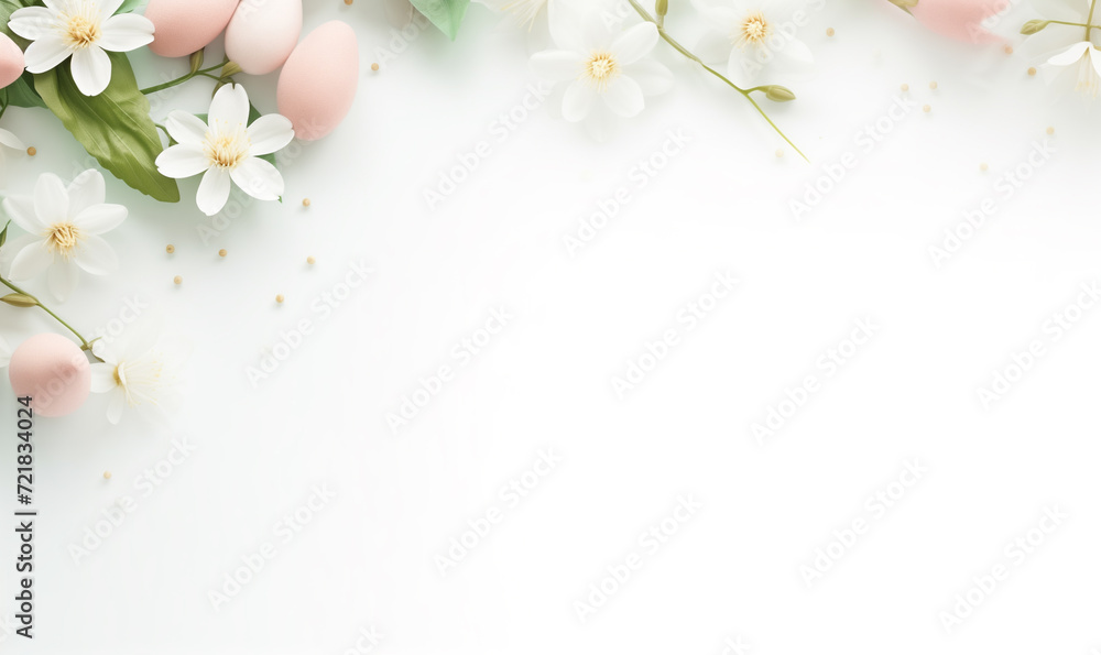 Festive Easter background. Easter eggs with flowers on a white table. Flat lay.