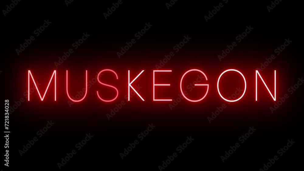 Flickering red retro style neon sign glowing against a black background for MUSKEGON Flickering red retro style neon sign glowing against a black background for MUSKEGON