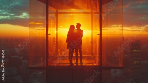 Romance urbaine : Silhouette de deux personnes dans une boîte en verre suspendue, vue imprenable sur la ville au coucher du soleil