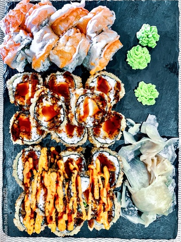 sushi on a black background, top view, Japanese food style