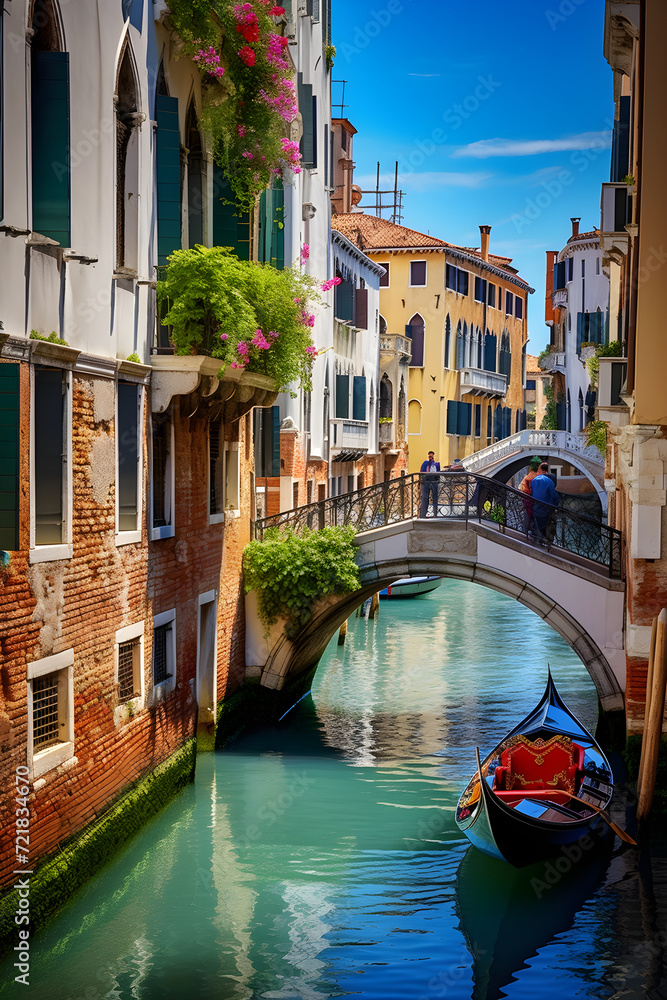 Scenic Beauty of Venice: A Glimpse into the City's Historic Canals and Colorful Architecture - obrazy, fototapety, plakaty 