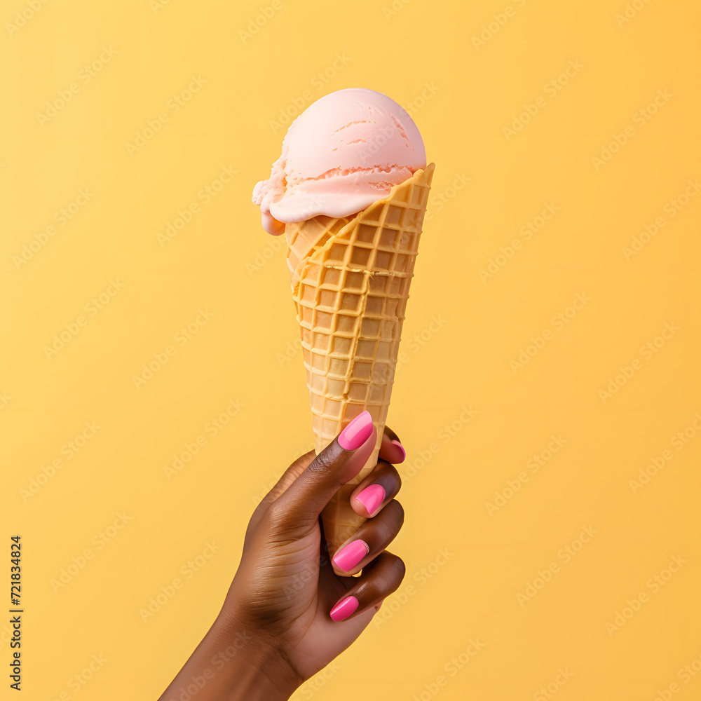 Close-up of hand holding a waffle cone with a scoop of delicious strawberry ice cream, isolated on yellow background. Vector illustration of a delicious frozen dessert. Sweet summer concept Close-up of hand holding a waffle cone with a scoop of delicious strawberry ice cream, isolated on yellow background. Vector illustration of a delicious frozen dessert. Sweet summer concept