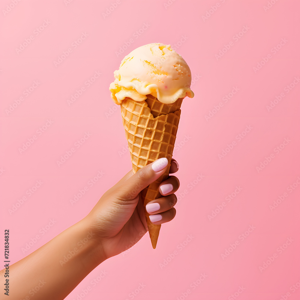 Close-up of hand holding a waffle cone with a scoop of delicious vanilla ice cream, isolated on pink background. Vector illustration of a delicious frozen dessert. Sweet summer concept Close-up of hand holding a waffle cone with a scoop of delicious vanilla ice cream, isolated on pink background. Vector illustration of a delicious frozen dessert. Sweet summer concept