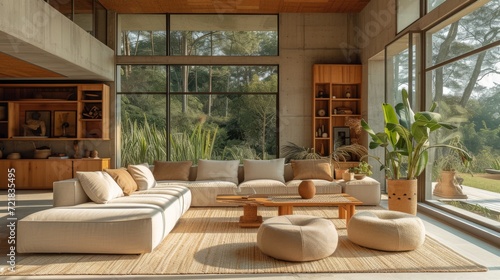Intérieur moderne avec vue sur la forêt, salon chaleureux et élégant, lien harmonieux avec la nature © jp