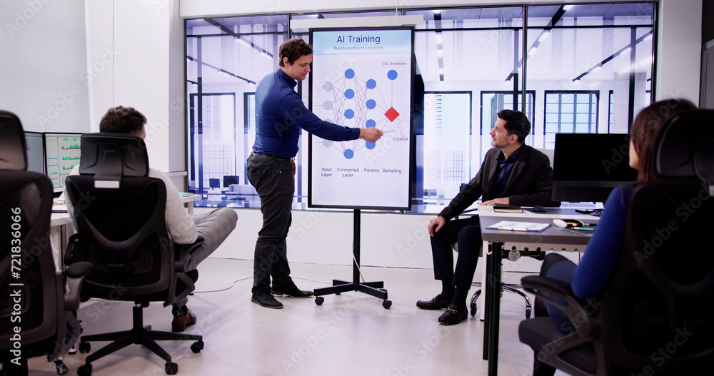 Fototapeta premium Diverse Team AI Training Presentation With TV Screen