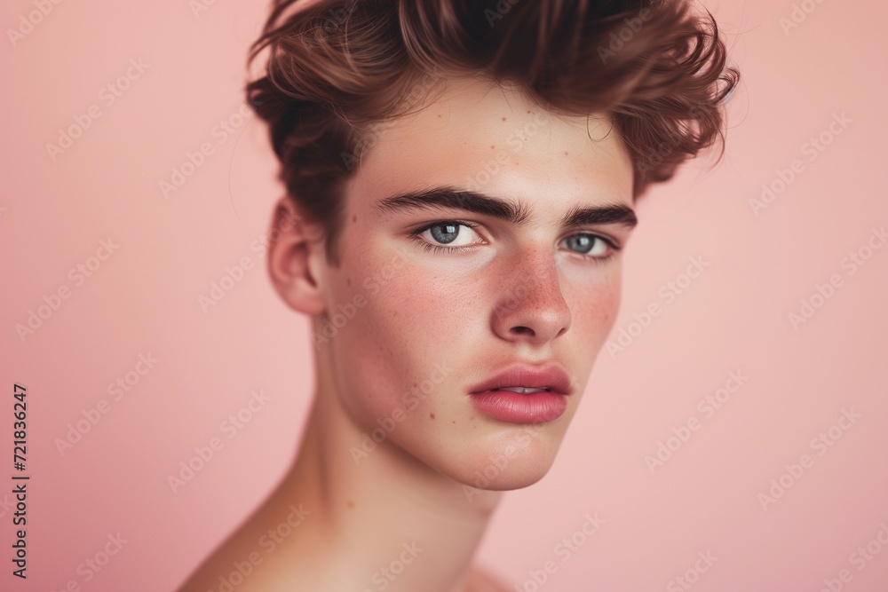 Portrait of a handsome young man with a trendy hairstyle on a soft pink background, exuding confidence. Portrait of a handsome young man with a trendy hairstyle on a soft pink background, exuding confidence.