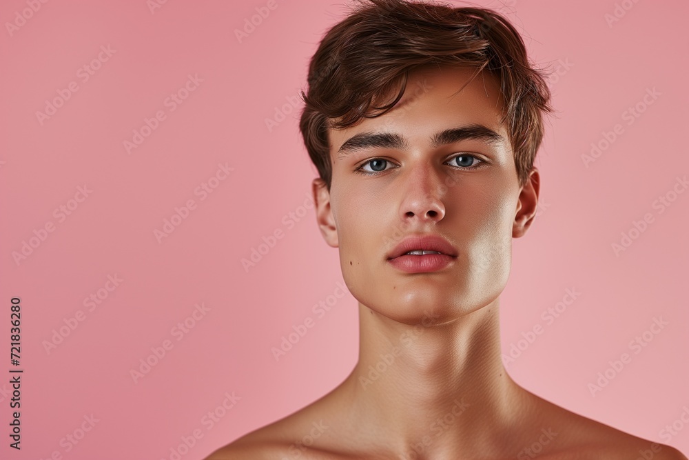 Portrait of a handsome young man with a trendy hairstyle on a soft pink background, exuding confidence. Portrait of a handsome young man with a trendy hairstyle on a soft pink background, exuding confidence.