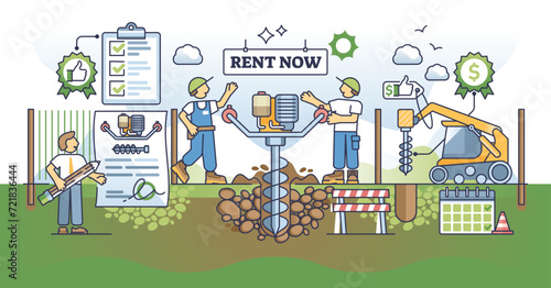 Post hole digger rental service for land drilling tasks outline concept. Professional heavy machinery rent option for land, ground or soil work vector illustration. Construction site equipment offers