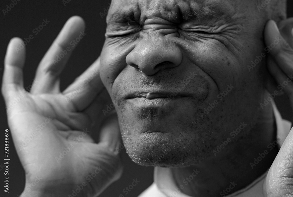 deafness suffering from hearing loss on grey black background with people stock image stock photo deafness suffering from hearing loss on grey black background with people stock image stock photo