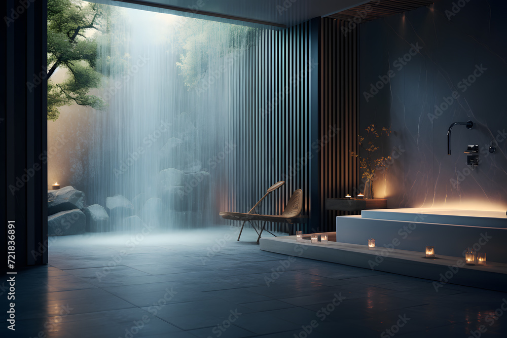 spa room with a wall mounted waterfall 