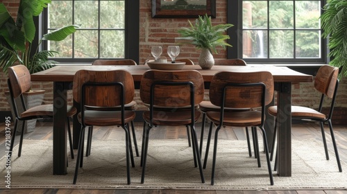 Salle    manger moderne   table en bois  chaises design  mur en briques  lumi  re naturelle