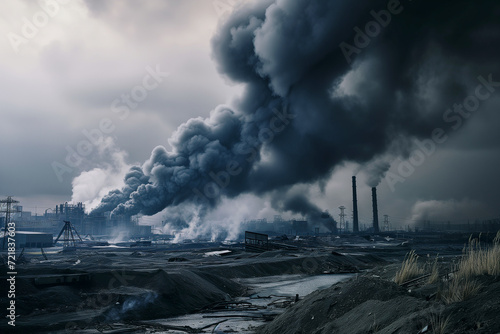 Explosive destruction of an industrial complex surrounded by dark toxic smoke obscuring nature and the sky. A monumental environmental threat.