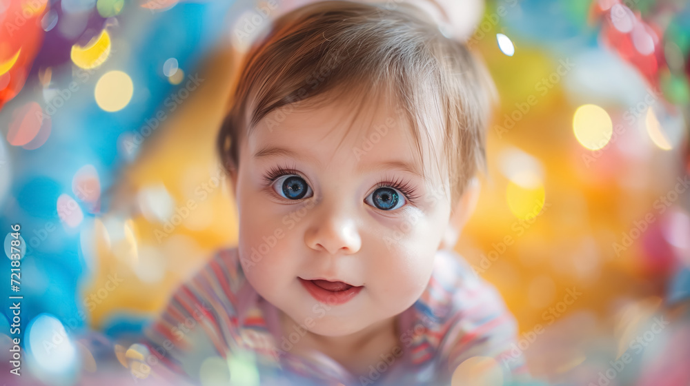 Curious baby with sparkling eyes and colorful backdrop. Curious baby with sparkling eyes and colorful backdrop.