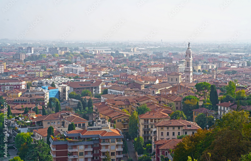 Bergamo, Italy. September 2023. View of the old city from the hill. Landscape in the city center, its historical buildings, churches and towers.