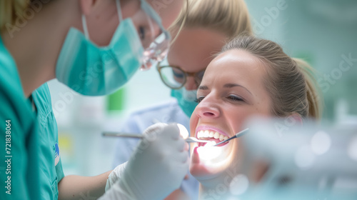Dentist working on a smiling female patient.