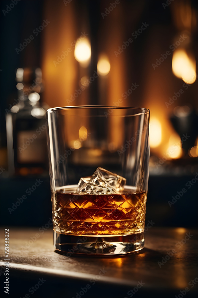 a whisky glass filled with whisky and an ice cube stands on a table