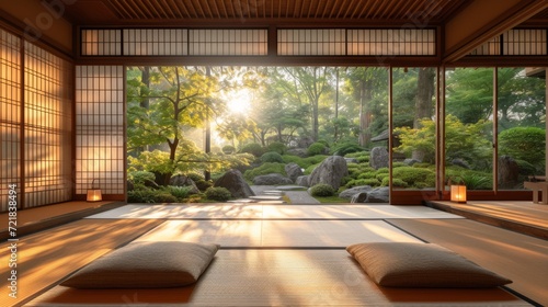 Salle de yoga japonaise traditionnelle avec vue sur un jardin paisible  tatamis  et portes coulissantes