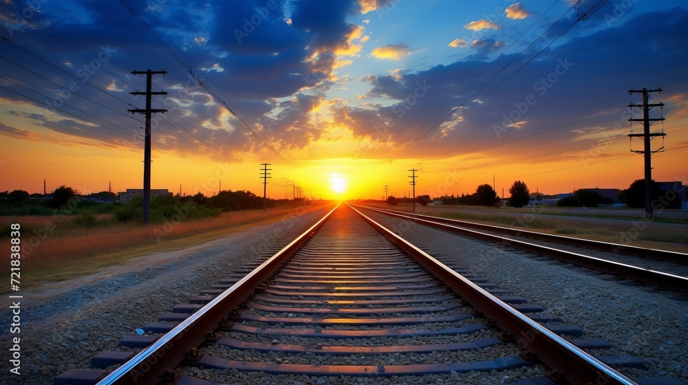 Picturesque railway through charming village at vibrant sunset, illuminating the sky