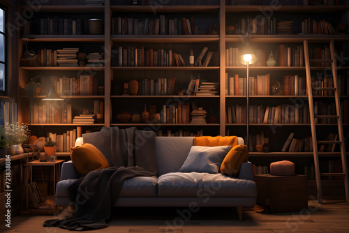room with a cozy reading nook and bookshelves 