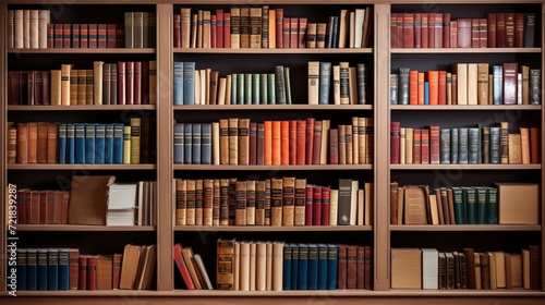 Extensive selection of books in a library bookcase with blurred background and diverse book s