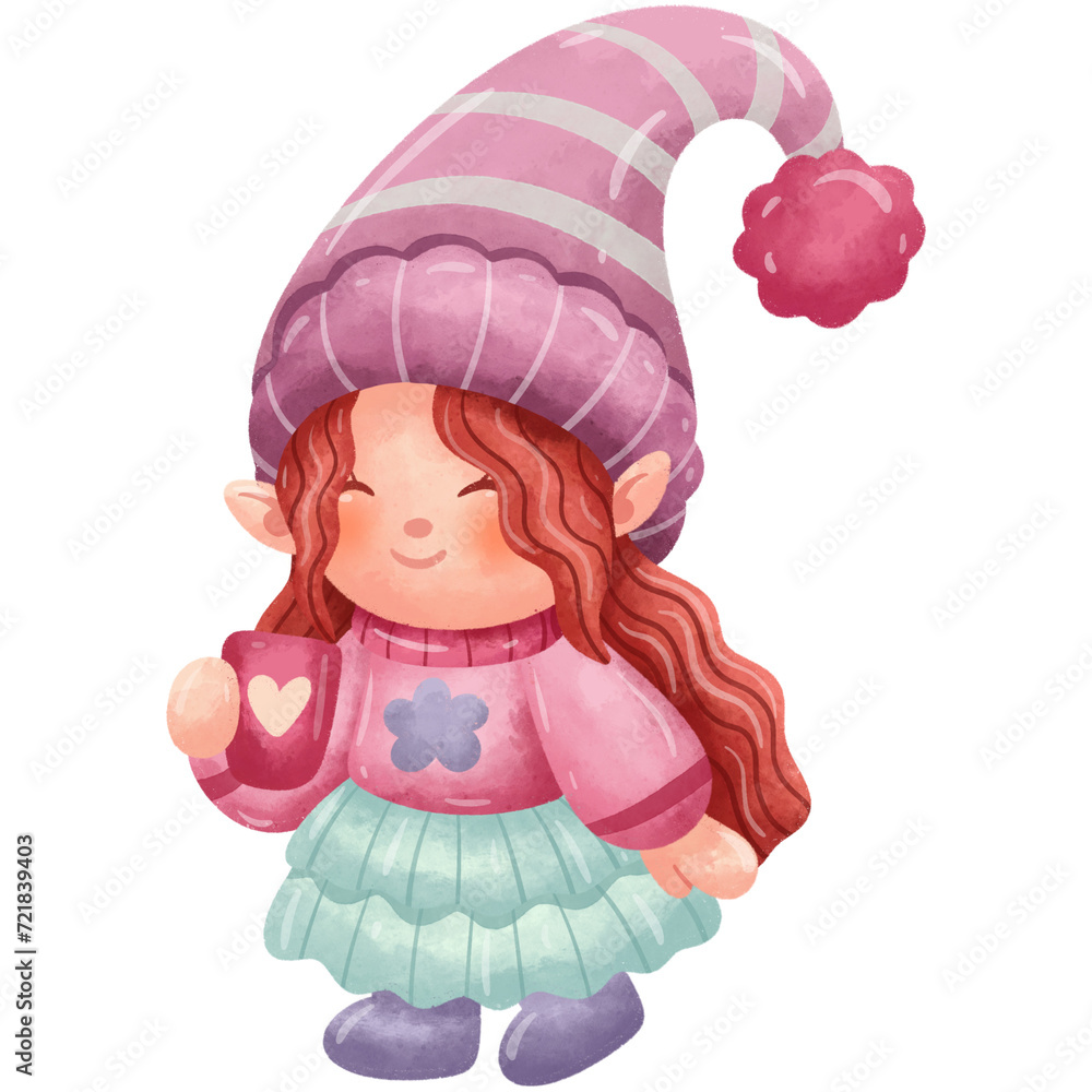 Fototapeta premium Gnome Holding Love Cup Watercolor
