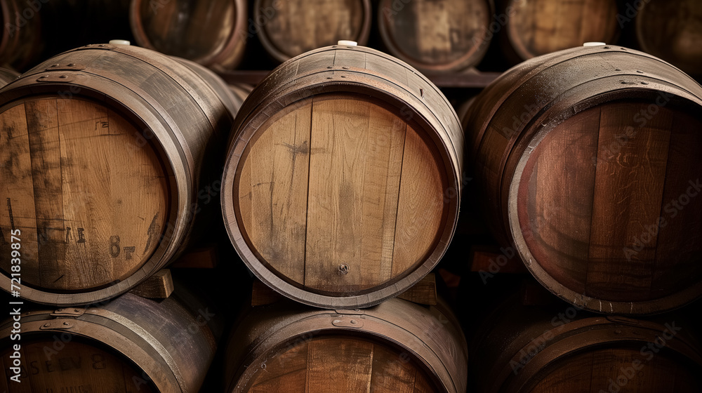 Wooden barrels lined up in a dark cellar.