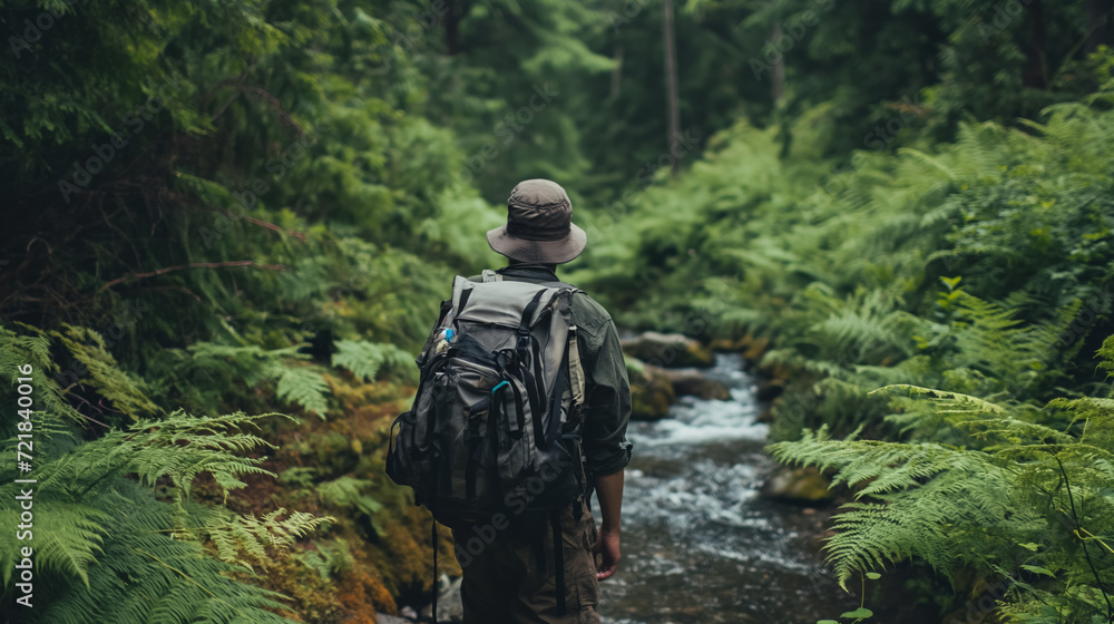 Hiker with backpack in lush green forest.