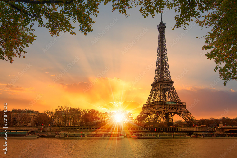 Naklejka premium Paris Eiffel Tower and river Seine in Paris, France. Eiffel Tower is one of the most iconic landmarks of Paris
