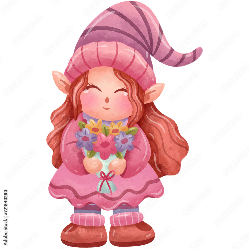 Fototapeta premium Gnome Holding flowers Watercolor