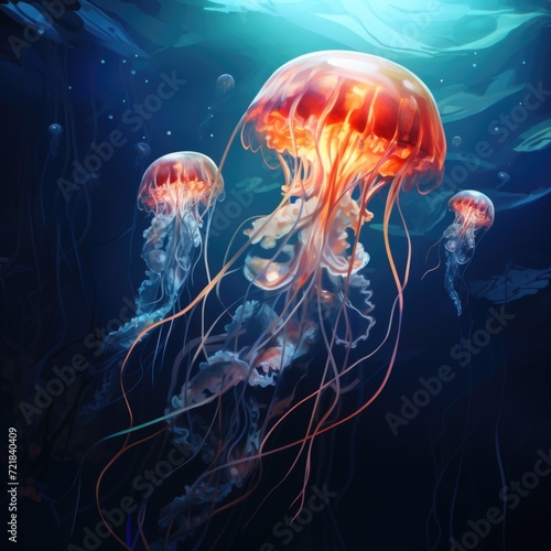 Jellyfish in black sea illustration digital painting