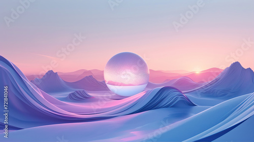 Abstract 3D composition with a transparent glass sphere against a background of mountains. 