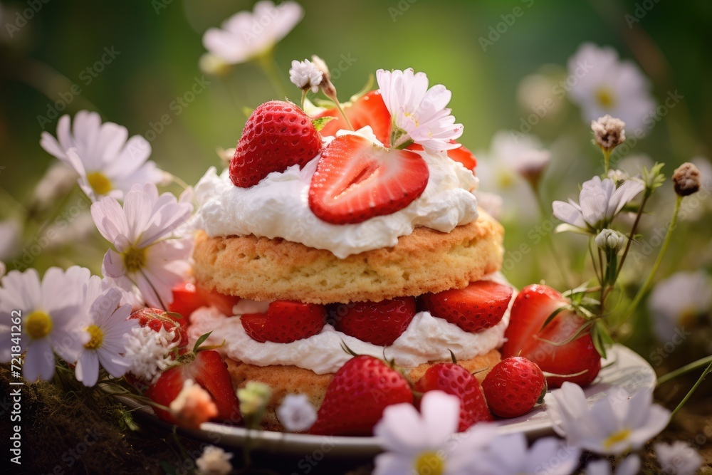Soft focus on a strawberry shortcake surrounded by wildflowers. Soft focus on a strawberry shortcake surrounded by wildflowers.