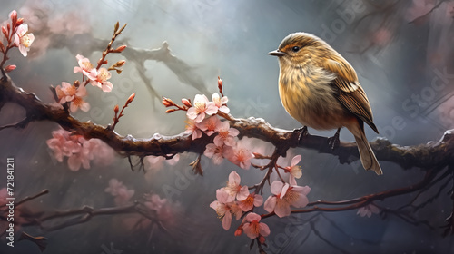 little bird sitting on tree brach with spring blossoms