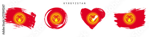 Kyrgyzstan hand drawn grunge style flag icon set. Kyrgyz banner in official colors. Free brush stroke shape, circle and heart-shaped. Flat vector illustration isolated on white.
