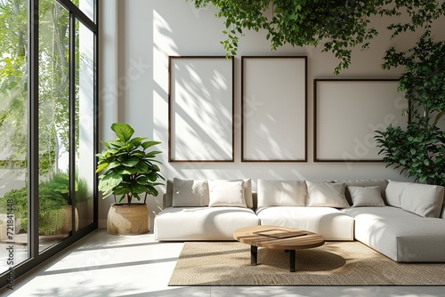 Blank horizontal poster frames mock up in minimal white style living room interior  modern living room interior background