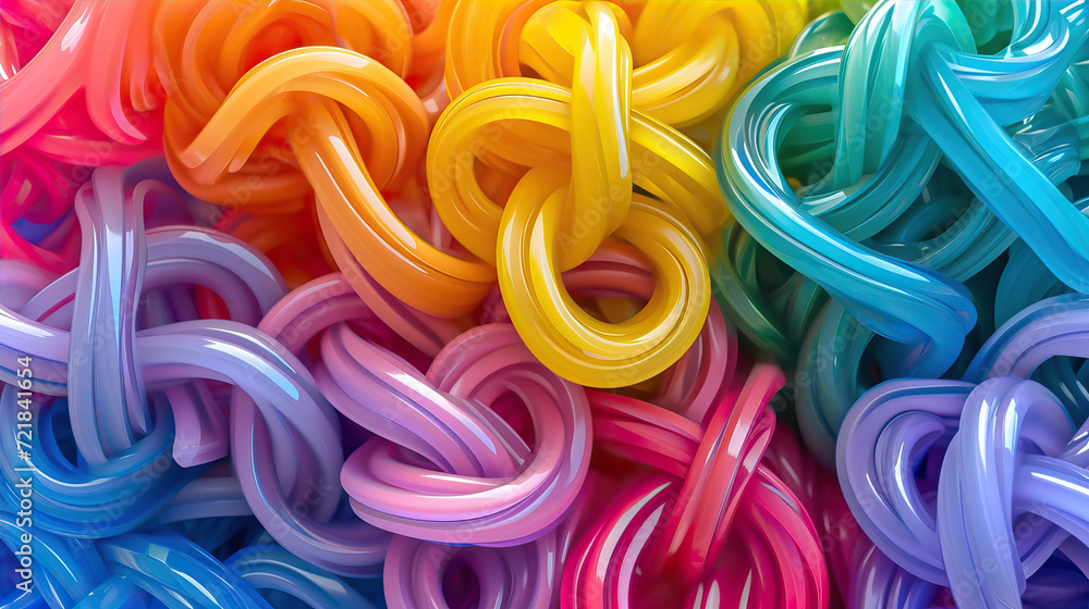 Intertwined strands of thick rubber cord. Colors of rainbow. Creative abstract background. 
