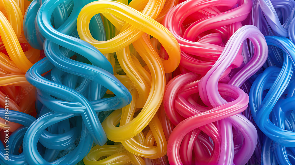 Intertwined strands of thick rubber cord. Colors of rainbow.
