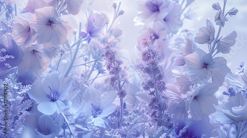 Many purple flowers on a blue background 