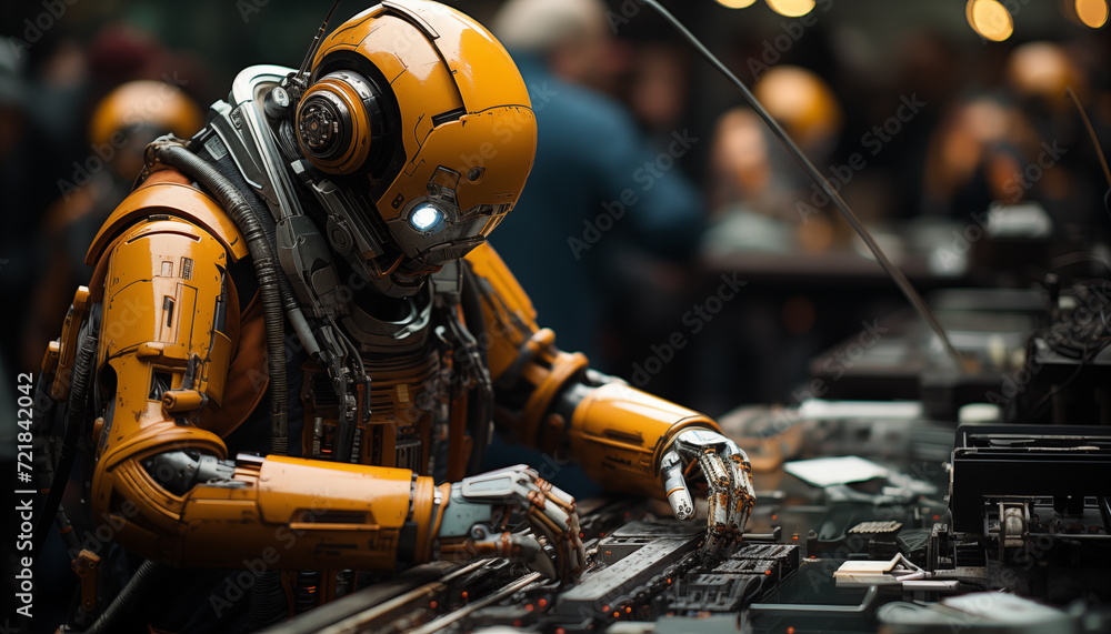 Automated robotic arms creating sparks while precision welding a car body on an industrial assembly line in a vehicle manufacturing plant. Automated robotic arms creating sparks while precision welding a car body on an industrial assembly line in a vehicle manufacturing plant.