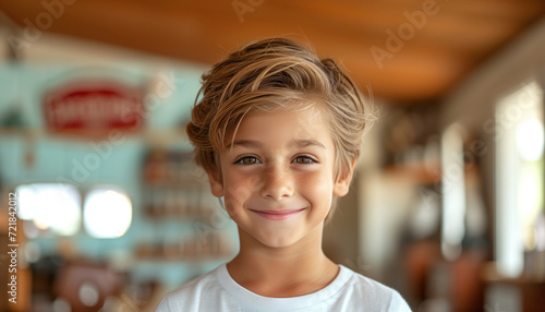 Candid photo of a happy cute boy with a modern stylish hairstyle with slicked back styling after visiting a barbershop