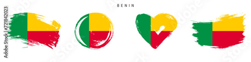 Benin hand drawn grunge style flag icon set. Dahomey banner in official colors. Free brush stroke shape, circle and heart-shaped. Flat vector illustration isolated on white.