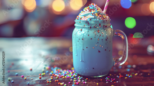 Large mug with a sweet blue milkshake, with cream and sprinkles on top 